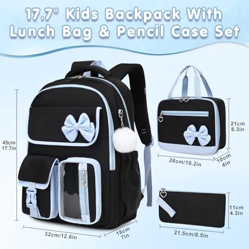 GeeWin Girls Backpack for School with Lunch Box & Pencil Case Set, 17 Inch Waterproof Cute Bow Girls Bookbag for Kids, Teens, Elementary Middle High College School Student (Black/Blue) - color: Black Blue