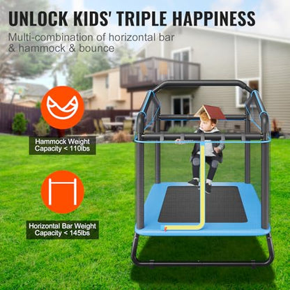 VEVOR 6FT Trampoline 72" Indoor/Outdoor Trampoline, Mini Trampolines with Safety Enclosure Net, Gymnastics Bar, Hammock, Recreational Trampoline Birthday