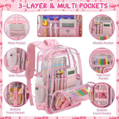 Three-layer Clear Backpack, Heavy Duty Clear Bookbag for Kids, See Through Backpack Transparent Bag for Girls Boys (Pink Bow) - color: Pink Bow