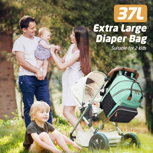 Diaper Bag Backpack - Extra Large Diaper Bag for 2 Kids Twin, Travel Baby Bags for Mom Dad 25-37L Expandable with Changing Pad Earphone Hole, Green Black - color: Green & Black