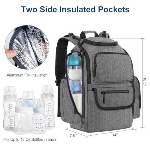 Mancro Diaper Bag Backpack, Baby Diaper Bag with 2 Side Insulated Pockets, Travel Diaper Backpack for Men Women with Stroller Straps, Large Capacity and Waterproof, Grey - color: Grey, size: Large