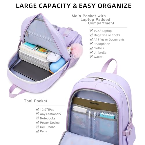LXYGD Backpack for Girls with Accessories Laptop Bookbags 16 Inch Kawaii Kids Elementary Middle High School Bag College Travel Daypack Gifts for Teens Women Students (Purple) - color: Purple