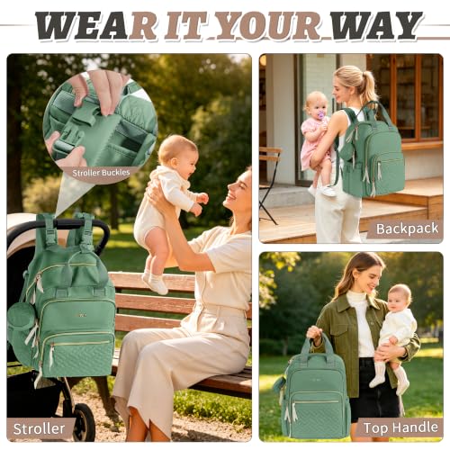 Diaper Bag Backpack, 27L Large Quilted Small Baby Bag with Changing Pad & Pacifier Case, Stroller Hooks, Easy-Access Baby Essential, Maternity Travel Backpack Unisex, Green - color: Green, size: Large