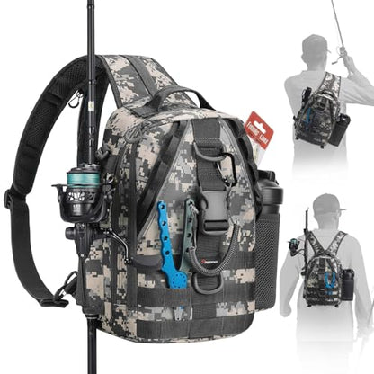 Piscifun Fishing Backpack with Rod Holder, Lightweight Sling Bag Storge Gear and Equipment - color: Digital Camouflage, size: Standard, style: Latch