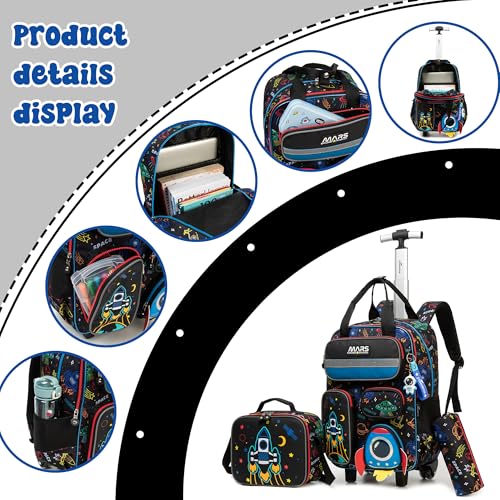 Kids Rolling Backpack with Wheels for Elementary Students 16inch 3 in 1 Boys Travel Luggage Carry on Backpack for Boys Ages 6-8 8-12 - color: B Black