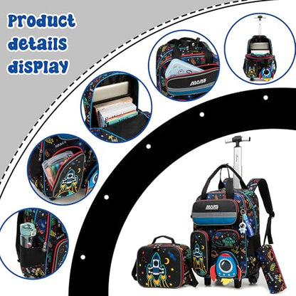 Kids Rolling Backpack with Wheels for Elementary Students 16inch 3 in 1 Boys Travel Luggage Carry on Backpack for Boys Ages 6-8 8-12 - color: B Black