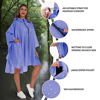 PTEROMY Hooded Rain Poncho for Adult with Pocket and Zipper, Waterproof Lightweight Raincoat for Men and Women - color: Purple