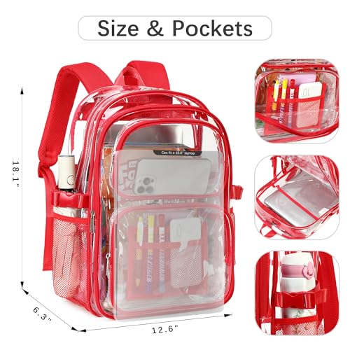 abshoo Large Heavy Duty Clear Backpack For School Bookbag Transparent Multi Pocket Backpacks (Red) - color: Red
