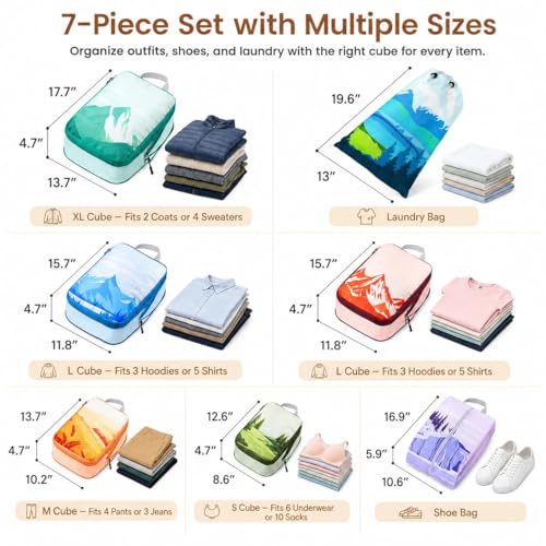 7-Piece Compression Packing Cubes for Travel, Patterned Expandable Luggage Organizer Bags with Double Zipper & Mesh Panel, Shoe Bag & Drawstring Bag for Carry-On, Vacation, Camping