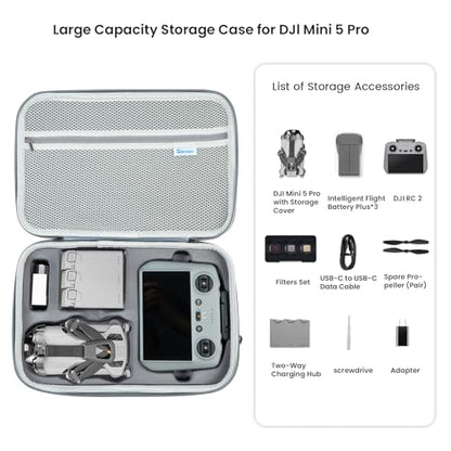Skyreat Mini 5 Pro Case – PU Leather Hard Carrying Case Compatible with DJI Mini 5 Pro Fly More Combo, RC 2 Display Controller, Drone, Batteries, ND Filters & Accessories