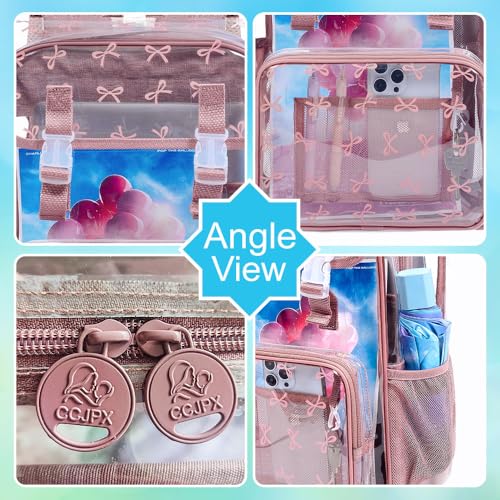 17" Clear Backpack for Girls, School Kids Transparent Bookbag Set, 3Pcs Stadium Approved See Through Backpack with Lunch Box (Pink) - color: Pink Bow