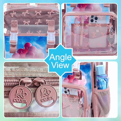 17" Clear Backpack for Girls, School Kids Transparent Bookbag Set, 3Pcs Stadium Approved See Through Backpack with Lunch Box (Pink) - color: Pink Bow