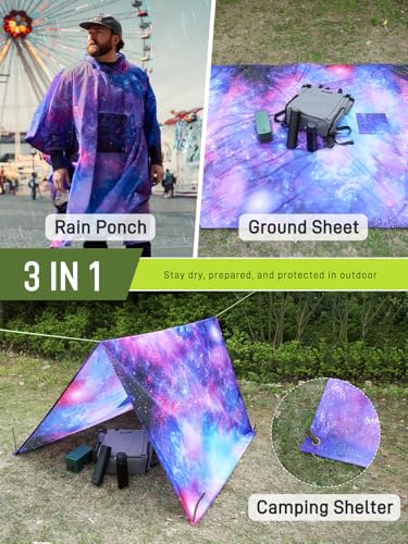 SaphiRose Extra Thick Hooded Rain Poncho Double Layer Waterproof Raincoat Jacket for Men Women Adults - color: Universe