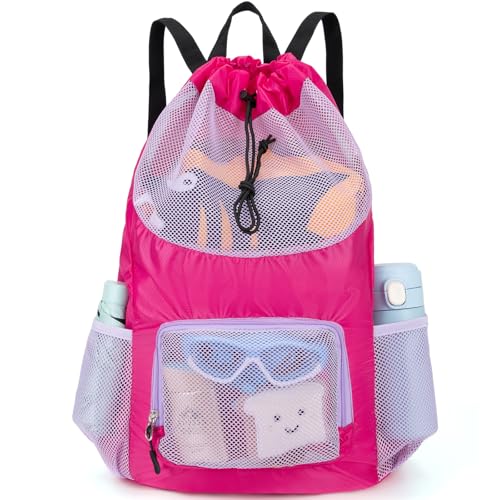 Swim Bag for Kids Mesh Beach Backpack for Girls Lightweight Drawstring Beach Bag Swimming Pool Sports Gym String Bag (Purple) - color: Purple