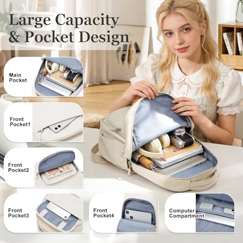 Cute School Backpack for Teens Girls Boys Waterproof School Bag Basic Backpack for College Students Multi Pocket Backpack Lightweight Casual Daypack Backpacks for Women Men（Beige） - color: White