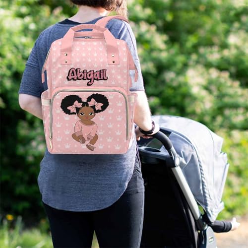 Newcos Personalized Crown Print Diaper Bag with Name Custom Africa Black Women Nappy Bags Travel Casual Mummy Backpack for Mom Women Pink - color: 230112-2