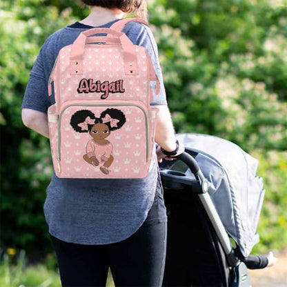 Newcos Personalized Crown Print Diaper Bag with Name Custom Africa Black Women Nappy Bags Travel Casual Mummy Backpack for Mom Women Pink - color: 230112-2