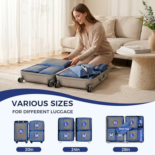 BAGAIL 8 Set Compression Packing Cubes, Durable & Wear-resistant Expandable Luggage Organizer Bags for Travel Accessories(Navy) - color: Navy