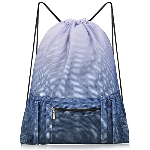 Mesh Drawstring Backpack Bag Beach Bag with Zipper Pocket Gym Backpack Bag for Swimming Gear Gym Storage Bag for Adult Kids (Grey) - color: Grey