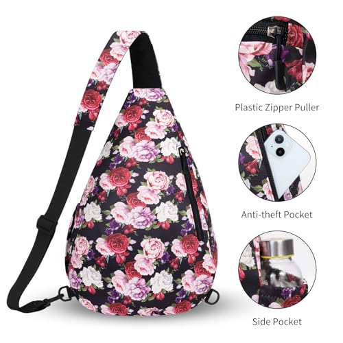 HUA ANGEL Crossbody Sling Bag for Men & Women Lightweight Waterproof Chest Shoulder Bag for Travel Hiking & Everyday Use - color: W-red Purple Flower