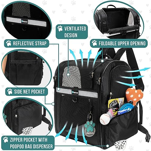 PetAmi Dog Backpack Carrier for Cats and Small Dogs, 4-Way Entry Ventilated Mesh Pet Carrier for Hiking Travel, Foldable Top with Sherpa Bed, Reflective and Poop Bag Dispenser, Up to 18 lbs, Black - color: Black