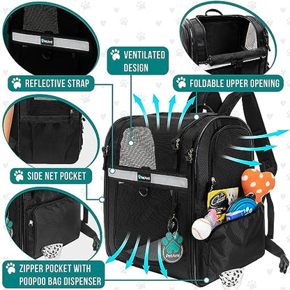 PetAmi Dog Backpack Carrier for Cats and Small Dogs, 4-Way Entry Ventilated Mesh Pet Carrier for Hiking Travel, Foldable Top with Sherpa Bed, Reflective and Poop Bag Dispenser, Up to 18 lbs, Black - color: Black