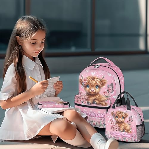 Mercuryelf Personalized Backpack for Girls Highland Cow 3PCS Kids Backpack Set with Lunch Bag & Pencil Case, 17 Inch School Bookbag for Elementary Kindergarten - color: Red