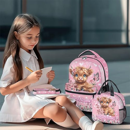 Mercuryelf Personalized Backpack for Girls Highland Cow 3PCS Kids Backpack Set with Lunch Bag & Pencil Case, 17 Inch School Bookbag for Elementary Kindergarten - color: Red