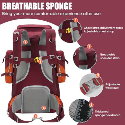 Bseash 70L (65+5) Waterproof Hiking Camping Backpack with Rain Cover, Outdoor Sport Travel Daypack for Climbing Touring (Red) - color: Red