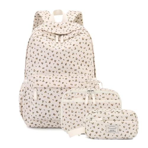 Tanweibago Backpack for Girls Boy Teen Corduroy Bookbags Elementary Middle High School Women Laptop Bag with Lunch Box Pencil Bag (Flower Beige) - color: Flower Beige