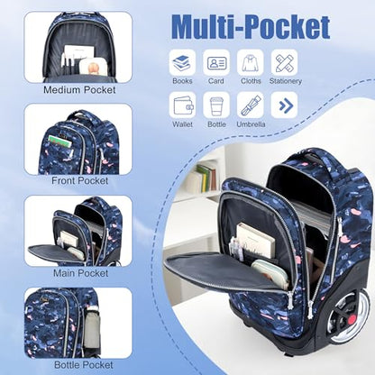NEW TILAMI 19 inch Rolling Backpack Teens Rolling Backpack Cute Wheeled Laptop Backpack Bookbag Roller Travel Bag College, Doodle Grey - color: Grey Doodle