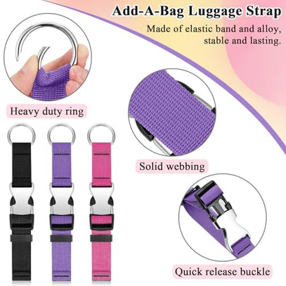 Amylove 3 Pcs Add a Bag Luggage Straps Gripper Heavy Duty Jacket Valises Strap for Travel Belt with Buckle Adjustable Baggage - color: Purple, Black, Pink