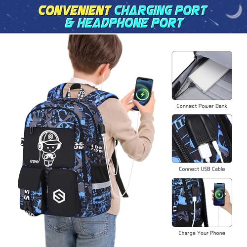 Scothen Boys Backpack, Cool Luminous School Backpacks for Boys with Lunch Bag Pencil Case, Kids Backpack Kindergarten Elementary Middle School Book Bags for Teen Boy Children with USB Charging Port - color: Blue Musicer