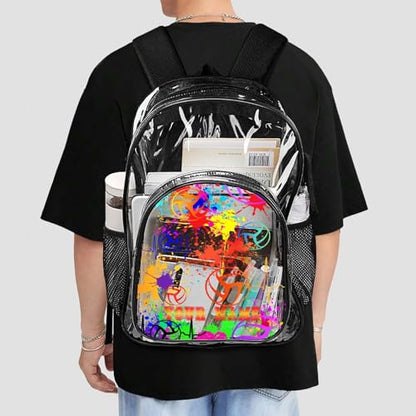 Custom Volleyball Clear Backpack Heavy Duty for Girls Kids Boys | Large Cool PVC Volleyball Theme Printing Transparent Backpacks for Schools Stadium Concerts Work - Clear/Black - color: Volleyball Clear Backpack 1 Black With Front Pocket Custom