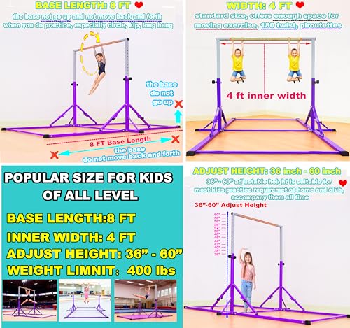 Marfula Gymnastic Bar For Kid and Teenage of 3-25, 5Ft/8 FT Base Length 4Ft Width 5Ft Adjust Height, Gymnastic Kip Bar For Gymnast, Gymnastic Training Equipment For Professional Training Home Club Use - color: Purple (New Style - 8 Ft Base)