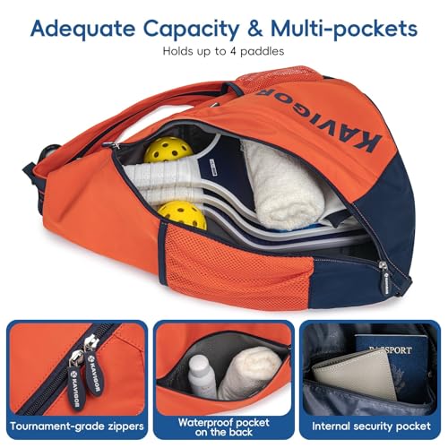 KAVIGOR Pickleball Sling Bag, Convertible Ultra-Light Backpack with Skin-Soft Fabric & Wet/Dry Pocket, Fits 4 Paddles + Gear - color: Vigor Orange