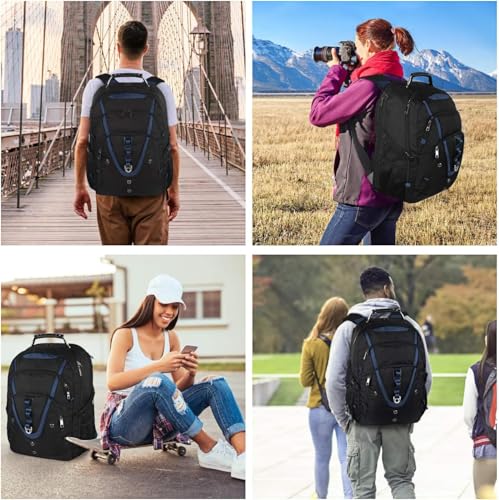18.4 Laptop Backpack Men Women, 55L-60L Extra Large Laptops Backpack, TSA Friendly Flight Approved and RFID Anti-theft Pocket,Water Resistant Suiltable for Traveling - color: Black-blue, size: 18inch(21.5*16.3*9.9")