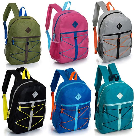 Moda West 24-Pack 17" Bungee Cord Backpacks for Kids - Bookbags in Bulk for Elementary, Middle, and High School Students, 6 Assorted Colors - size: 17", style: Bungee Solid 6