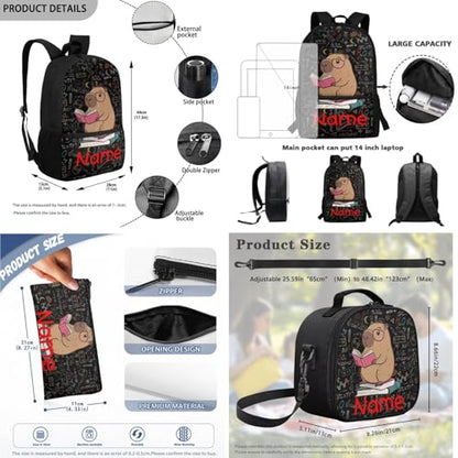 Cute Capybara Backpack for Boys 3 Pack Custom Name Personalized School Backpacks Set Reusable Lunch Box Pencil Bag Big Capacity Schoolbag - color: Capybara Cute+name