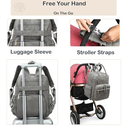 Leather Diaper Bag Backpack for Women with Multiple Pockets,Laptop Compartment and Changing Pad. - color: Grey