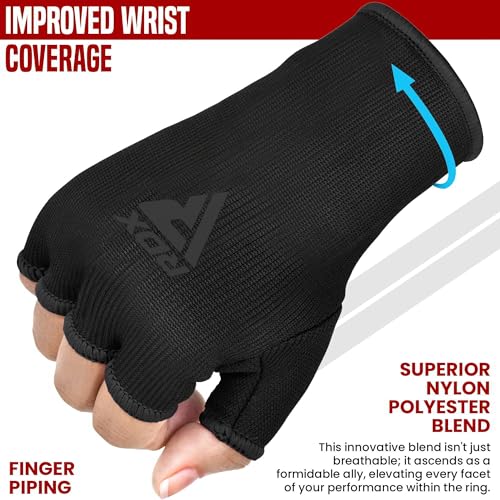 RDX Boxing Hand Wraps Inner Gloves Men Women, Half Finger Elasticated Bandages, Under Mitts Fist Protection, Muay Thai, Kickboxing, MMA, Martial Arts Speed Bag Punching Training - color: Full Black, size: Large