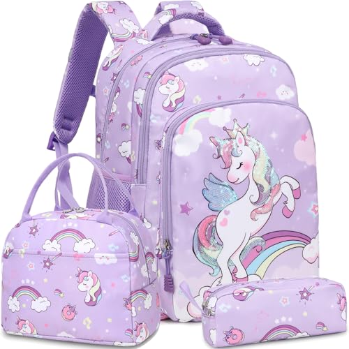 Girls Backpack for Elementary Kids School Bookbag Set Cute Unicorn Backpacks for Girls Water Resistant - color: Angel Unicorn Purple