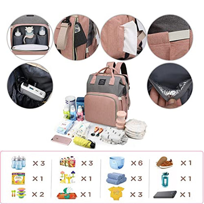 ANWTOTU Baby Diaper Bags with Changing Station,Waterproof Diaper Bag Backpack for Moms Dads with USB Charging Port,Large Capacity Multifunctional Baby Essentials(Pink-Grey) - color: Pink-grey