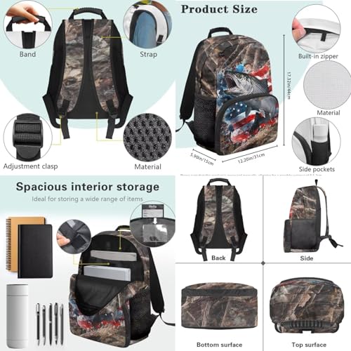 3PCS Kids School Backpack for Boys Girls, Branches American Flag Fish 3 in 1 Schoolbag Set Student Teens School Bag 17 Inch Bookbag with Lunch Bag Pencil Case - color: Branches American Flag Fish