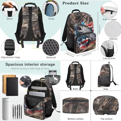 3PCS Kids School Backpack for Boys Girls, Branches American Flag Fish 3 in 1 Schoolbag Set Student Teens School Bag 17 Inch Bookbag with Lunch Bag Pencil Case - color: Branches American Flag Fish