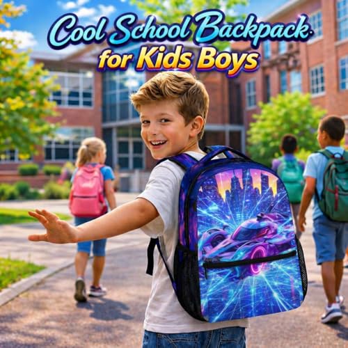 Boys Backpack Kids Schoolbag, Racing Car Bookbag for Kindergarten Primary Elementary Middle Durable Backpacks - color: Light Purple