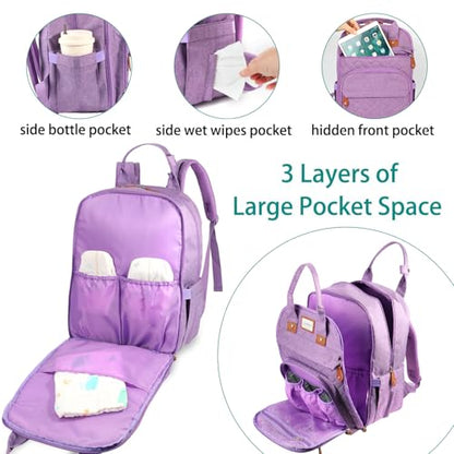 LANDICI Diaper Bag Backpack, Multifunction Baby Diaper Bags with Changing Pad, Stroller Straps & Pacifier Case, Travel Essentials Back Pack for Mom Dad Boy Girl, Large Capacity, Waterproof, Lavender - color: Lavender