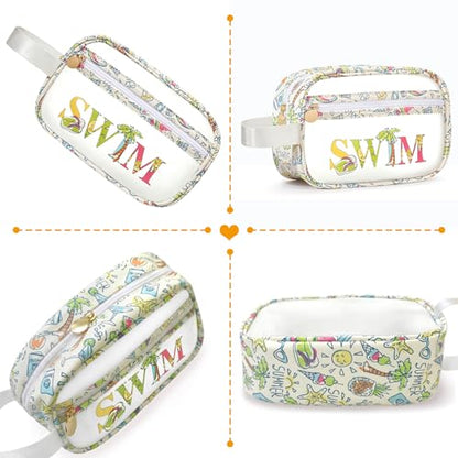 COSHAYSOO Clear SWIM Bag Swimming Pool Day Accessories for Women Teen Girls Bikini Swimsuit Goggle Cap Sunscreen Hair Makeup Organizer, Cute Swimmer Team Gifts Travel Waterproof Small Pouch, Tropical - color: Green SWIM