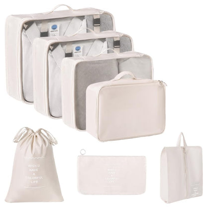 7 Set Packing Cubes for Suitcases, Breathable Luggage Organizer Bags, Travel Essentials with Clothing, Shoe, Cosmetics, Flat, Drawstring Bags, Beige - color: Beige