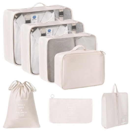 7 Set Packing Cubes for Suitcases, Breathable Luggage Organizer Bags, Travel Essentials with Clothing, Shoe, Cosmetics, Flat, Drawstring Bags, Beige - color: Beige
